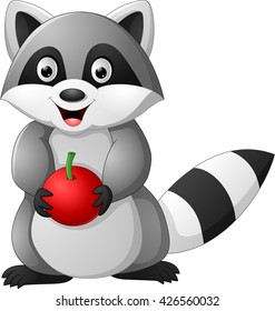 Raccoon cartoon holding apple