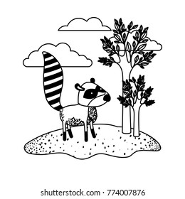 raccoon cartoon in outdoor scene with trees and clouds in black sections silhouette
