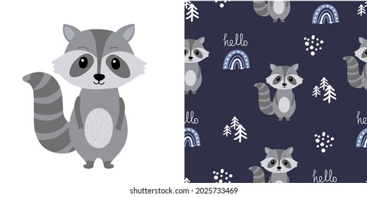Raccoon in cartoon style. Childish seamless pattern with racoon. Perfect for kids apparel,fabric, textile, nursery decoration,wrapping paper. Vector