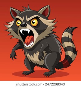 A raccoon in a cartoon style is standing with its mouth open and tongue out