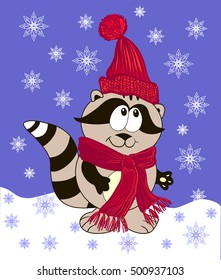 Raccoon cartoon warm clothing under snowfall