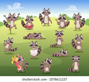 Raccoon. Cartoon wild animal in action poses mammals posing standing jumping various emotions smile raccoon exact vector flat colored pictures isolated