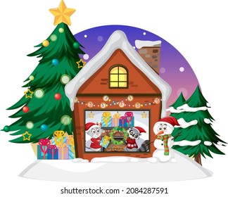 Raccoon and cat live in winter house in Christmas theme illustration