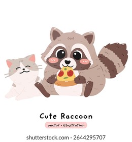 Raccoon and Cat Pizza Party Friends Adorable Animal Vector illustration