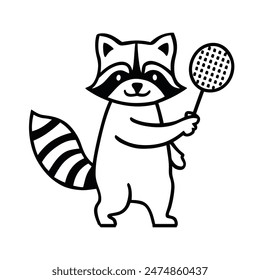 Raccoon Cat Playing Badminton Minimalist Line Art