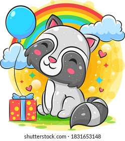 Raccoon celebration happy birthday with gift and balloon background of illustration
