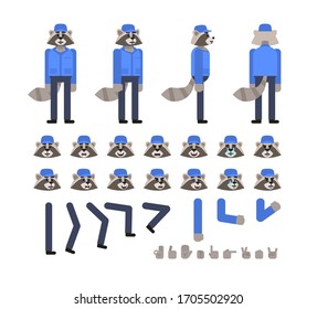 Raccoon character in blue courier uniform creation kit. Create your own pose, action, animation. Flat design vector illustration