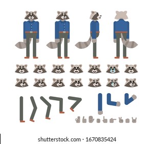 Raccoon character in blue shirt and dark grey pants creation set. Create your own pose, action, animation. Flat design vector illustration
