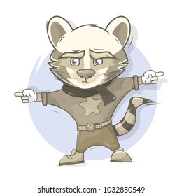 Raccoon character. Cartoon style. Shows to side with your finger. Harsh and funny.