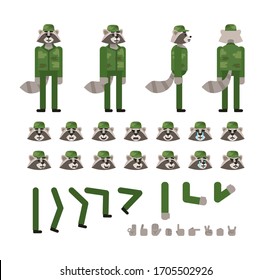 Raccoon Character In Green Soldier Uniform Creation Kit. Create Your Own Pose, Action, Animation. Flat Design Vector Illustration