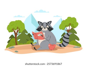 Raccoon character reading book on meadow forest concept. Vector graphic design illustration element	
