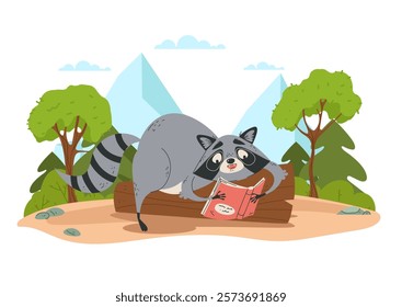 Raccoon character reading book on meadow forest concept. Vector graphic design illustration element	
