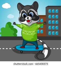 Raccoon Character Skateboarding on the Street, Street Skateboarding, Cartoon Hand Drawn Vector Illustration EPS 10