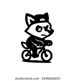 Um personagem guaxinim, usando um chapéu escuro, está andando de bicicleta.  O guaxinim tem um olho riscado.  Linhas pretas simples e em negrito em um fundo branco.  Estilo de desenho animado