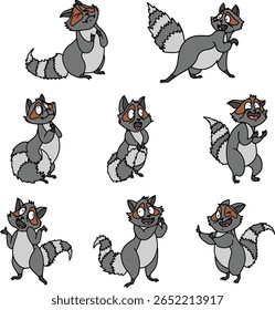 Personagem guaxinim. guaxinim selvagens em poses diferentes e bonitinho mamífero mascote animal conjunto de vetor de desenhos animados