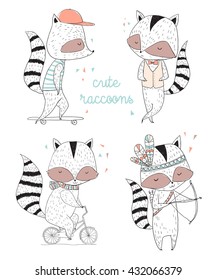 Raccoon characters, cute, illustrations and greeting cards