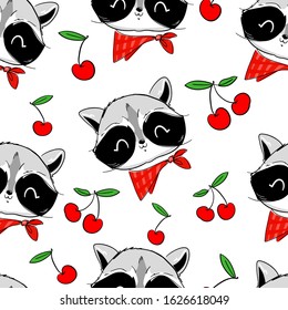 Raccoon and cherry pattern seamless. Children's print for fabric with animal cartoon. Vector illustration. 