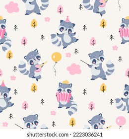 Raccoon childish seamless pattern. Cute raccoons kids wrapping, kawaii woodland animals. Baby textile print nowaday design, vector scandi background