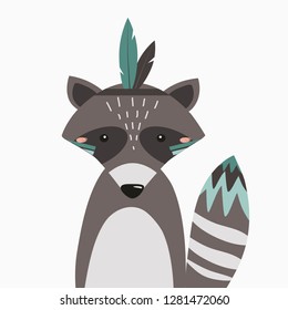 Raccoon children. Vector illustration in Scandinavian style for printing on fabric, dishes, postcards, clothes, posters, banners. Cute baby background. Set of decorative elements.
