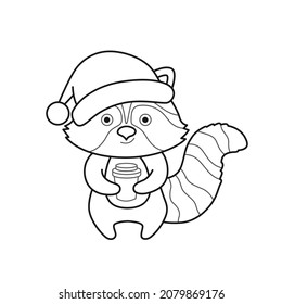 Raccoon in christmas hat holding coffee cup. Cute cartoon animal character. Funny outline illustration. Vector isolated emblem for logo, coloring book, tattoo, print.