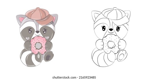 Raccoon Clipart for Coloring Page and Multicolored Illustration. Baby Clip Art Raccoon with a Donut in its Paws. Vector Illustration of an Animal for Coloring Pages, Prints for Clothes, Stickers. 