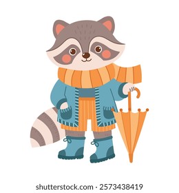 Raccoon in coat, scarf, wellies with umbrella. Cute spring forest woods woodland character. Vector illustration isolated on transparent background. 