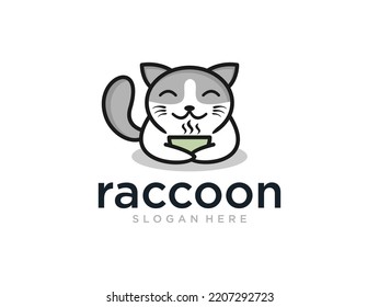 raccoon with coffee illustration logo design	
