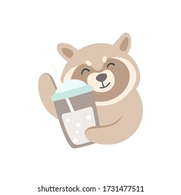 Raccoon with a cold brew drink. Beige and pastel mint colors. Coffee break party element. Great for shop apparel, t-shirt print, branding, sticker, logo, art for business and personal project