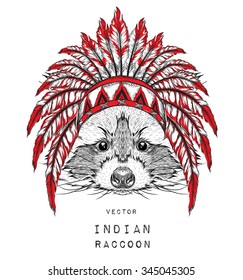 Raccoon in the colored Indian roach. Indian feather headdress of eagle. Hand draw vector illustration