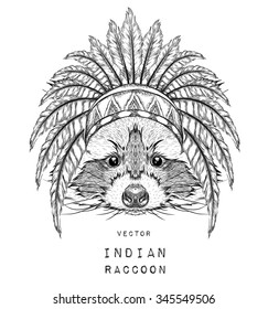 Raccoon in the colored Indian roach. Indian feather headdress of eagle. Hand drawn vector illustration