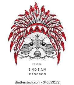 Raccoon in the colored Indian roach. Indian feather headdress of eagle. Hand draw vector illustration