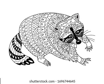 Raccoon coloring page for adult and children. Black and white creative animal. Vector illustration for coloring book design.