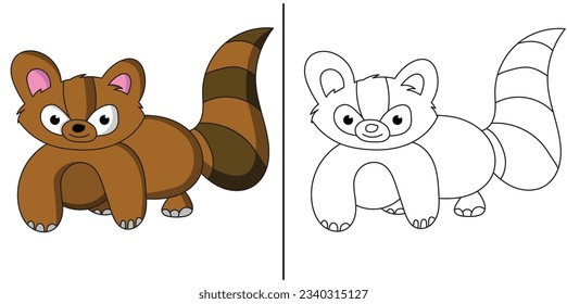 Raccoon coloring page outline and colored in version.  Coloring page for kids.  Simple coloring page