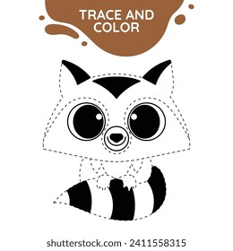 raccoon completar la actividad de dibujo de la línea discontinua de la imagen ilustración de un esquema lindo adecuado para colorear la página de libros para niños de educación preescolar en blanco y negro vector de actividad aislado