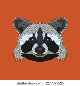 Raccoon, consisting of geometric shapes and lines. Muzzle of a raccoon on an orange background. Decorative stylization.