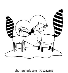 raccoon couple over grass in black dotted contour with heart in background