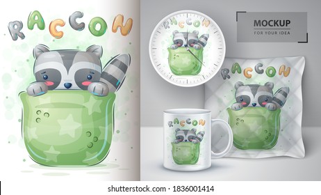 Raccoon in cup - poster and merchandising. Vector eps 10