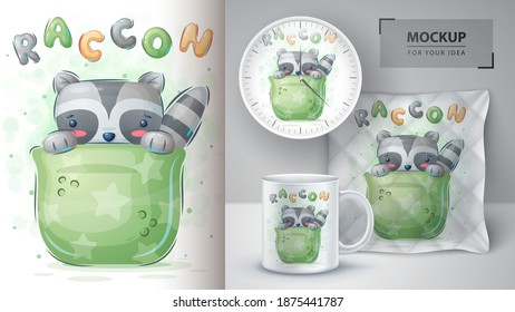 Raccoon in cup - poster and merchandising. Vector eps 10