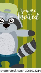 Raccoon cute animal cartoon invitation card