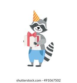 Raccoon Cute Animal Character Attending Birthday Party