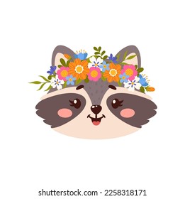 Raccoon cute cartoon animal with flower wreath on head. Vector cute northern raccoon portrait with floral decoration, comic wildlife animal with bouquet crown