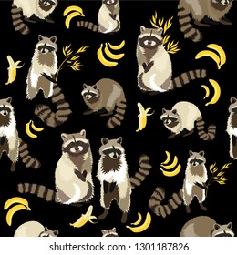 Raccoon cute fluffy beast. Forest animal pattern