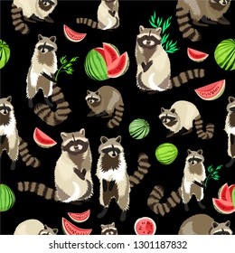 Raccoon cute fluffy beast. Forest animal pattern