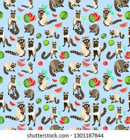 Raccoon cute fluffy beast. Forest animal pattern