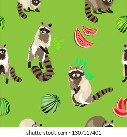 Raccoon cute fluffy beast. Forest animal pattern