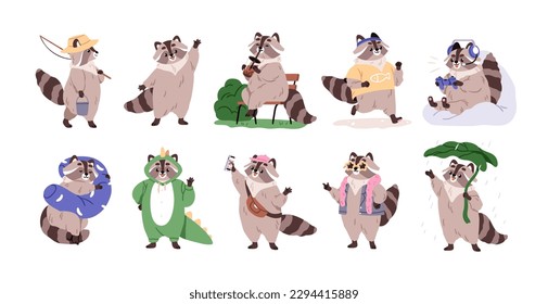 Raccoon, lindo conjunto de animales del bosque. Racones amistosos divertidos y felices, personajes pequeños. Adorable mamífero de cuento de hadas. Fauna cómica. Ilustraciones de vectores gráficos planos chilenos aisladas en fondo blanco