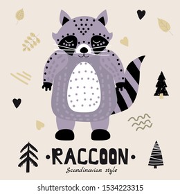 Raccoon cute funny character. Childish vector illustration in scandinavian style flat design. Vector illusttration isolated concept for children print poster banner