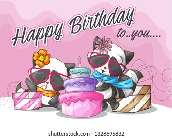 Raccoon cute happy birthday. hand draw illustration - Vector