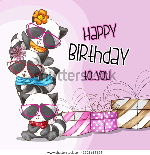 Raccoon Cute Happy Birthday Hand Draw Royalty Free Stock Image