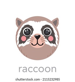 Raccoon Cute portrait with name text smile head cartoon avatar round shape animal face, isolated vector icon illustrations. Flat simple hand drawn for kids poster, cards, t-shirts, baby clothes